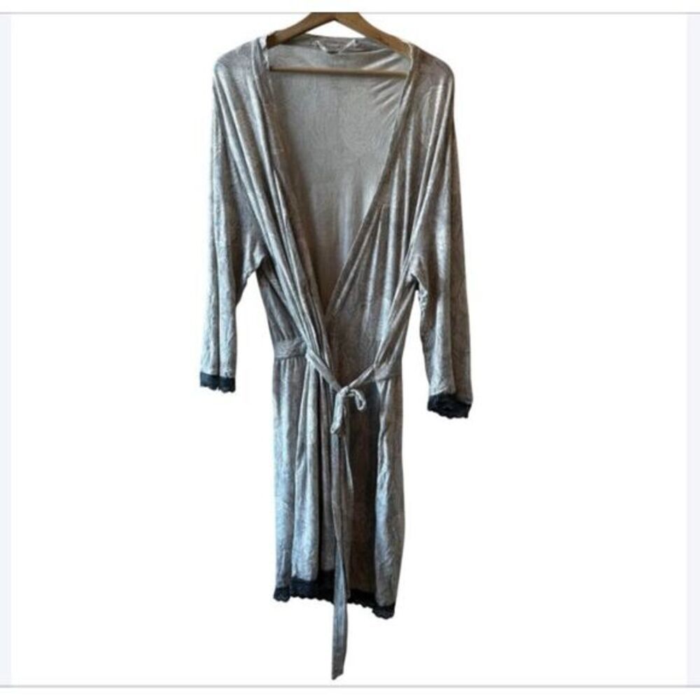 Calvin Klein Silver Gray Velvet Robe with Black Lace Trim